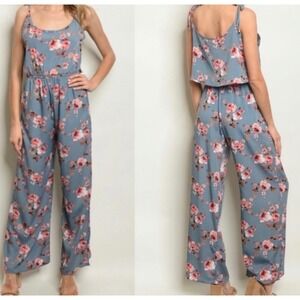 Peach Love California Floral Jumpsuit Wide Leg Cutout Tie Shoulder Blue Pink Med